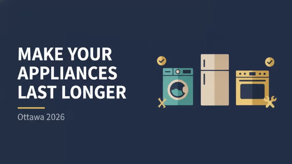 Appliance maintenance tips flat illustration with home appliances and tools