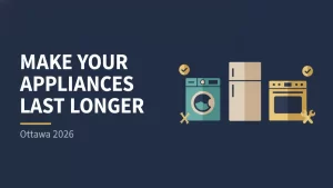 Appliance maintenance tips flat illustration with home appliances and tools