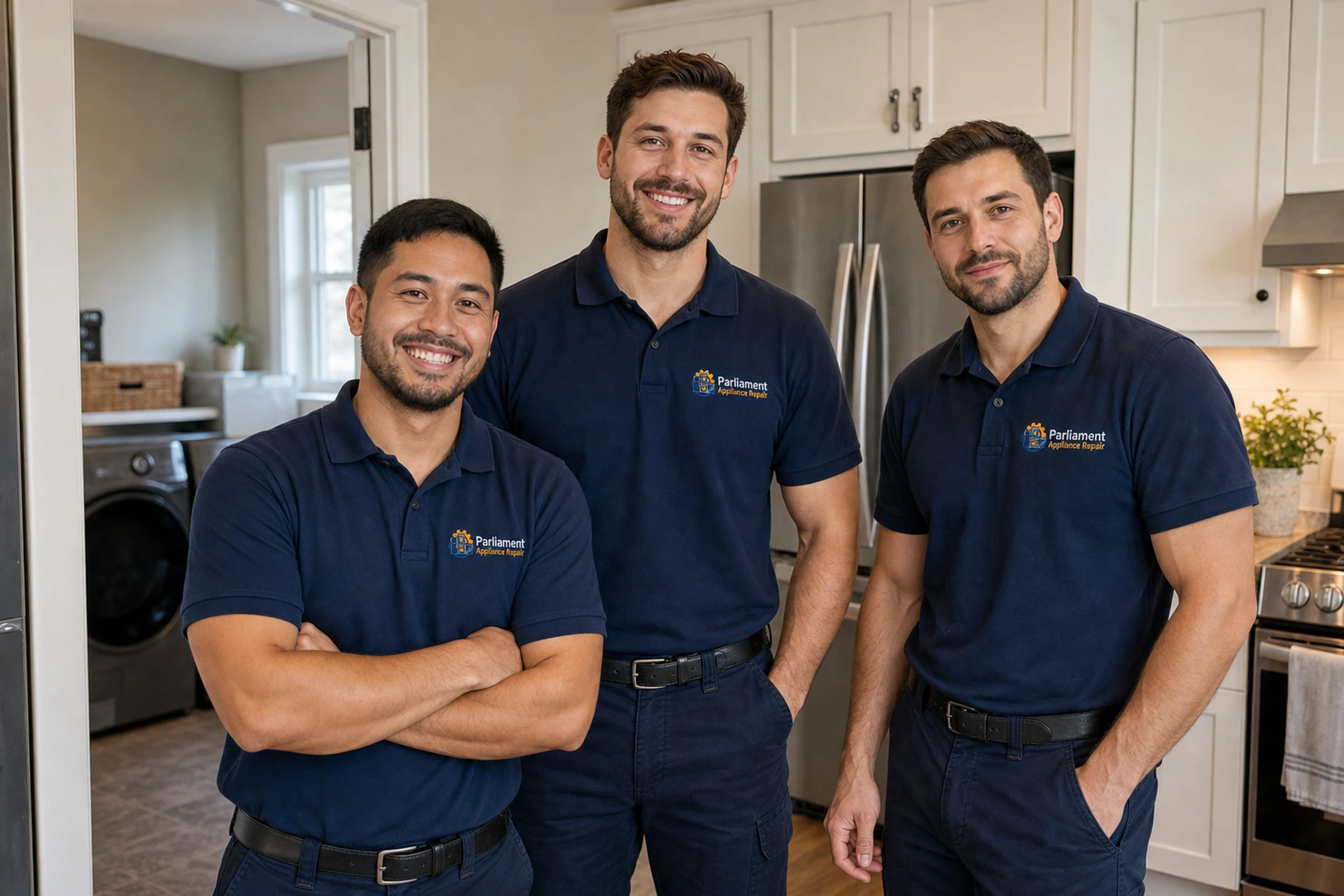 Parliament Appliance Repair team smiling in branded navy shirts