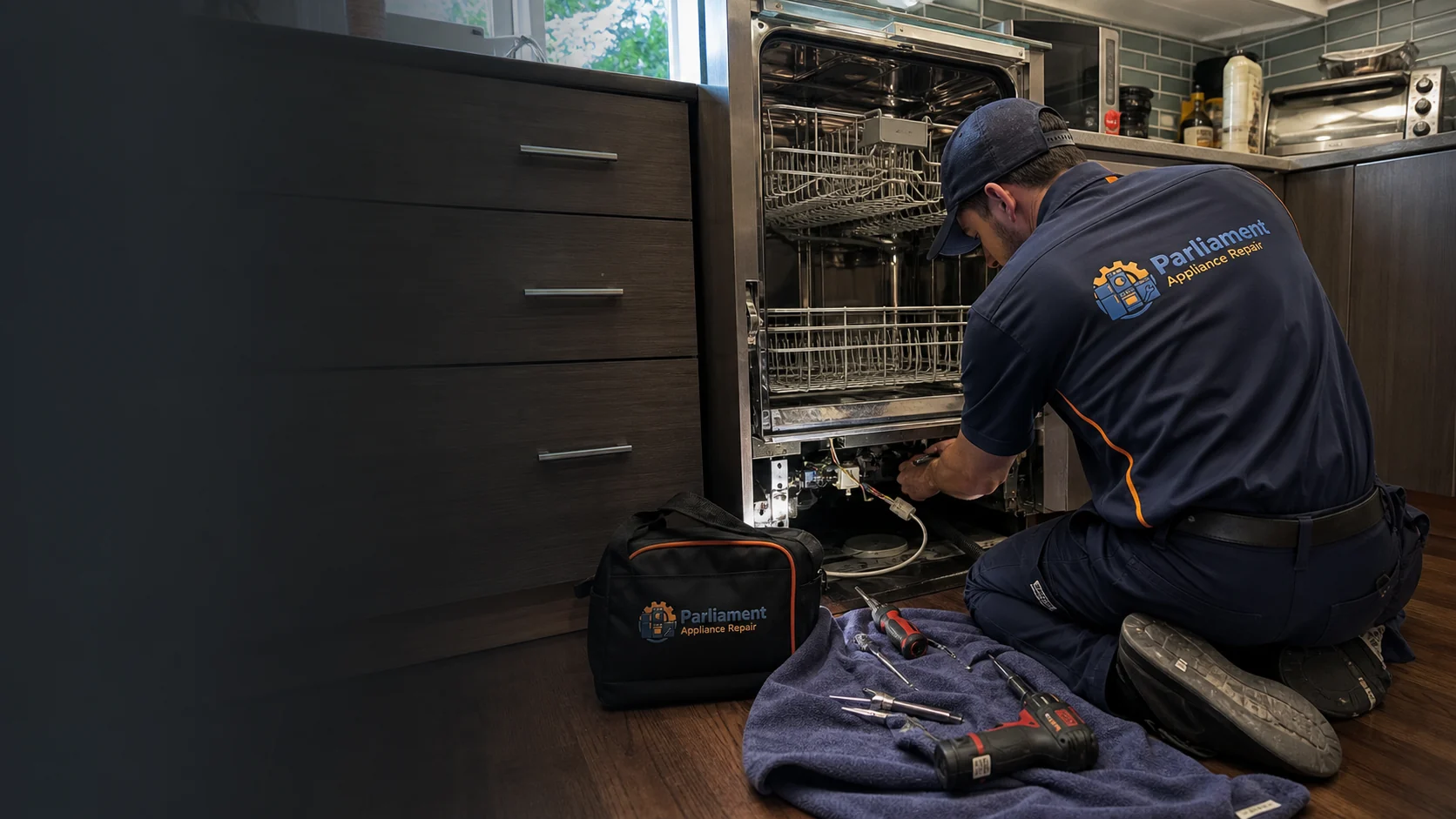 Parliament Appliance Repair technician working on a dishwasher in Ottawa