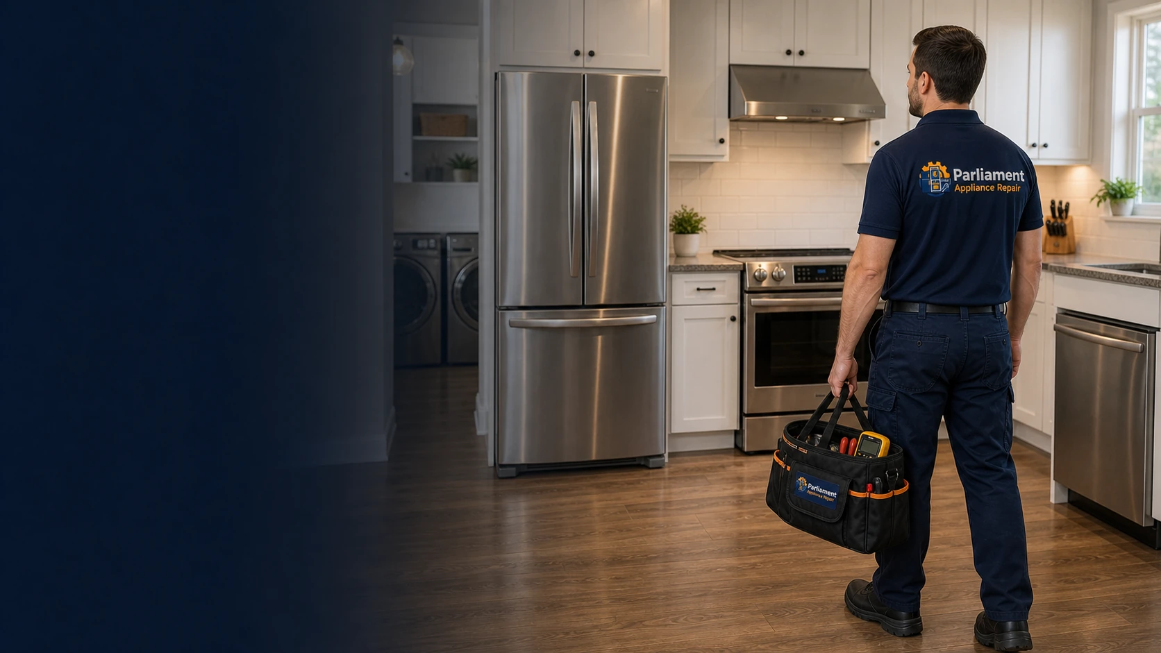 Parliament Appliance Repair technician in a kitchen with multiple home appliances in Ottawa