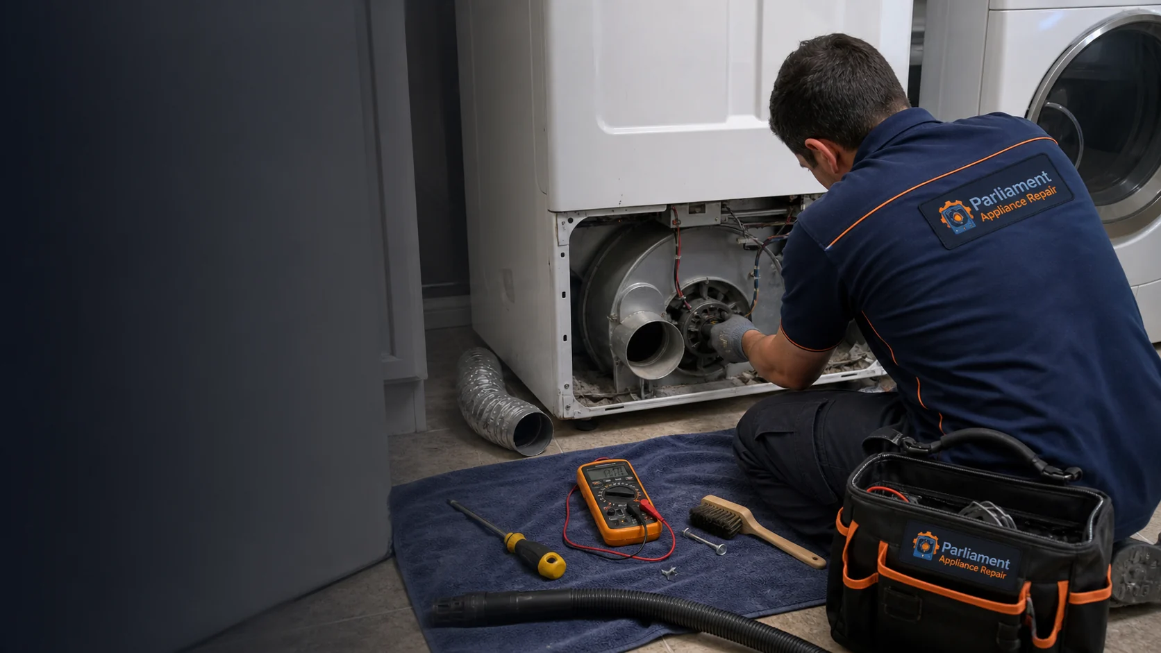 Parliament Appliance Repair technician servicing the back of a dryer in Ottawa