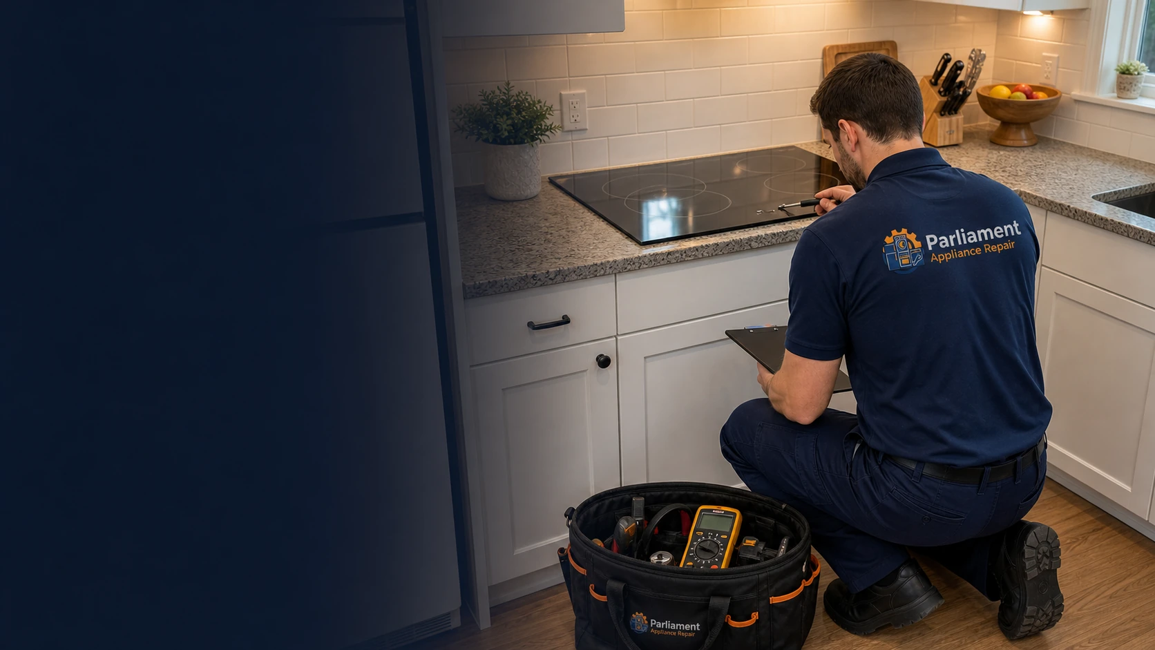 Parliament Appliance Repair technician beside an electric cooktop in Ottawa