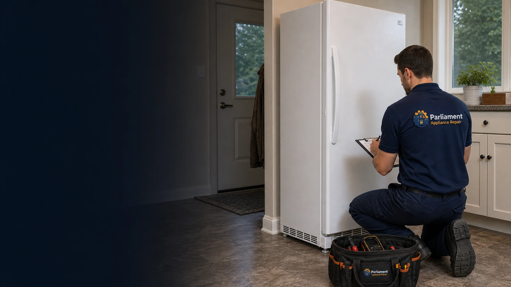 Parliament Appliance Repair technician beside an upright freezer in Ottawa