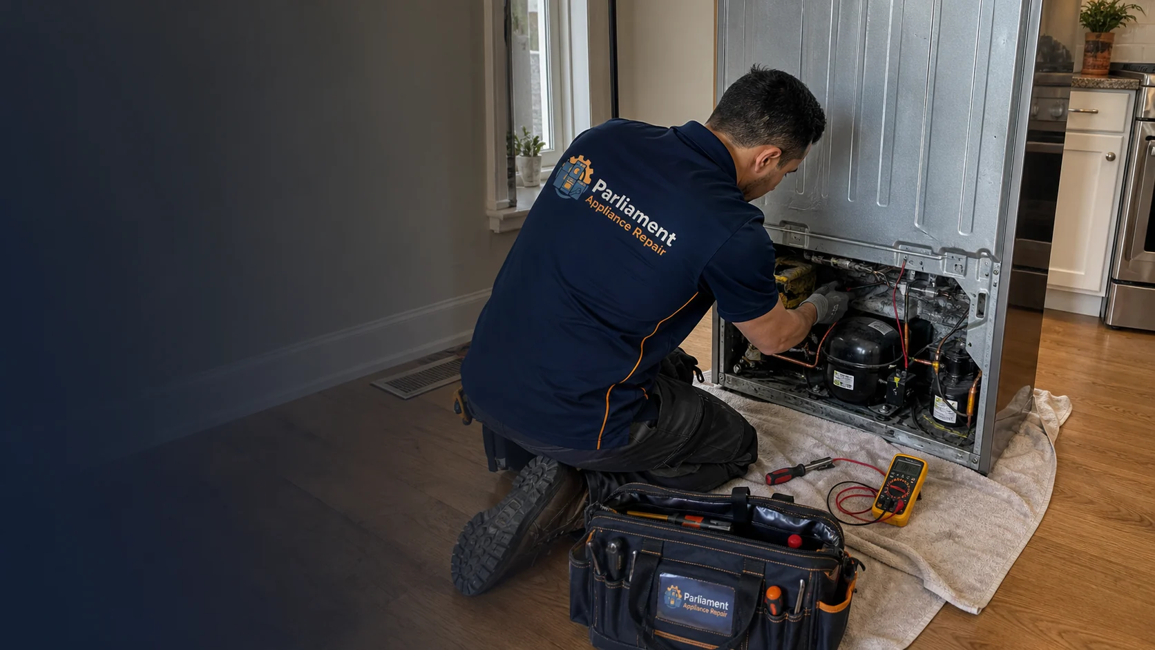 Parliament Appliance Repair technician servicing the back of a fridge in Ottawa