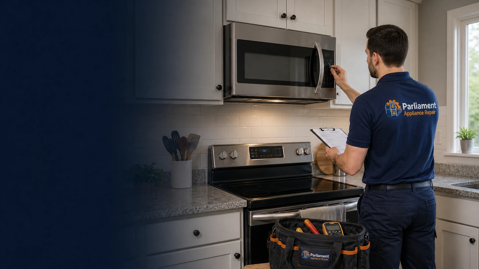 Parliament Appliance Repair technician beside an over-the-range microwave in Ottawa