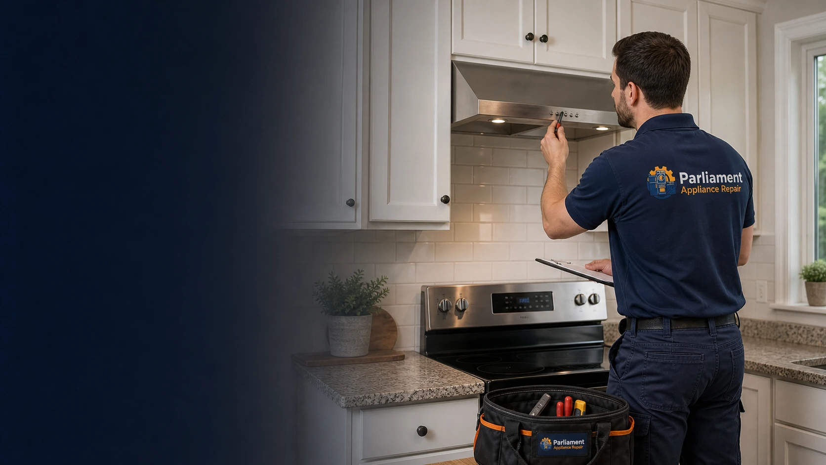Parliament Appliance Repair technician beside a kitchen range hood in Ottawa