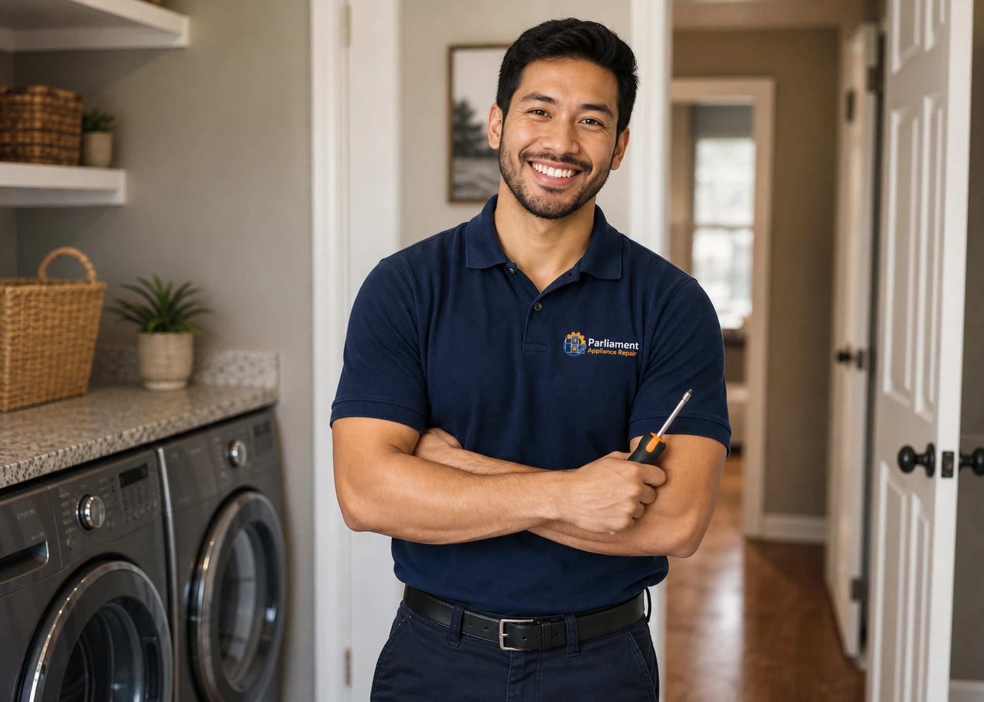 Smiling Parliament Appliance Repair technician in branded navy shirt