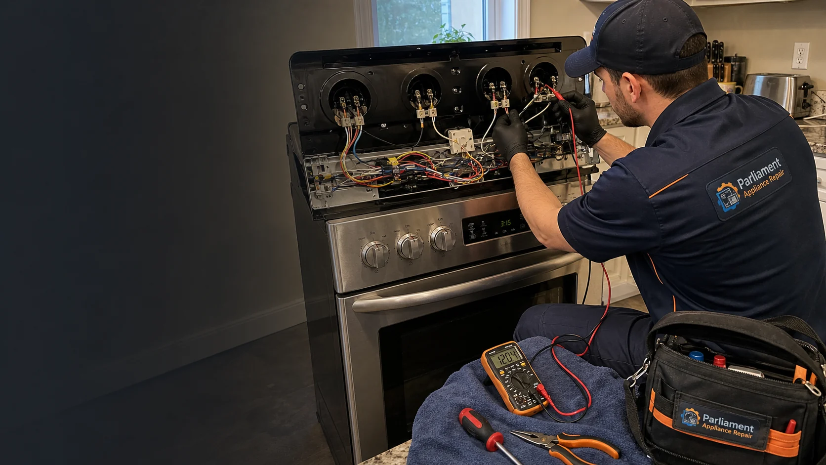 Parliament Appliance Repair technician servicing stove controls in Ottawa