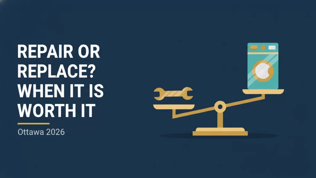 Repair or replace appliance flat illustration weighing a wrench against a new appliance