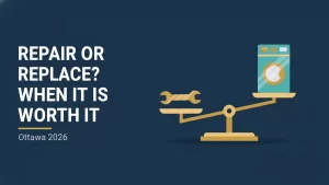 Repair or replace appliance flat illustration weighing a wrench against a new appliance