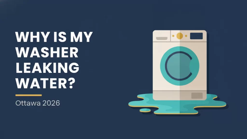 Washing machine leaking water flat illustration for an Ottawa repair guide